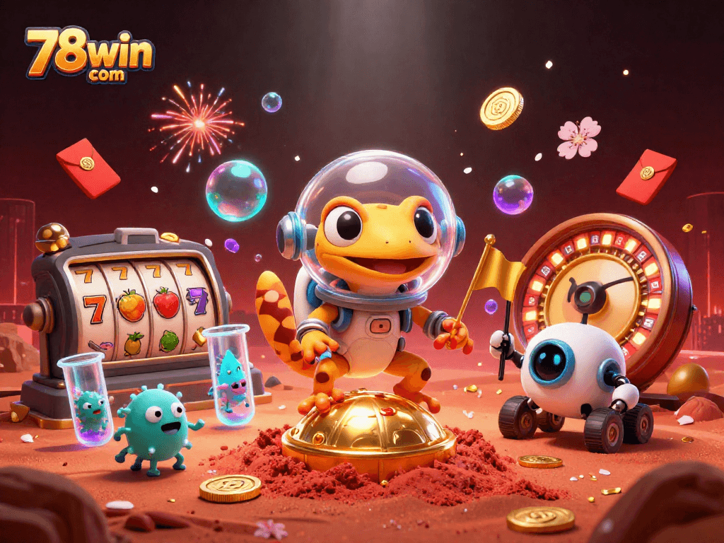 Experience the thrill of winning at 78win com with a vibrant alien-themed casino adventure illustration.