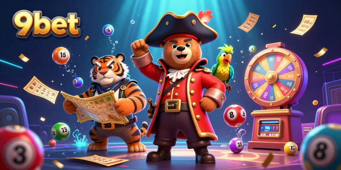 9bet presents a vibrant online gaming scene with a dynamic pirate bear, tiger, and parrot amidst thrilling game elements.