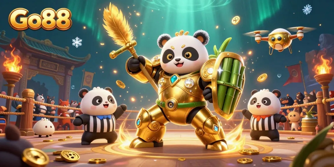 Experience Go88's thrilling gaming action with a mech-suit panda battling in a vibrant casino arena.