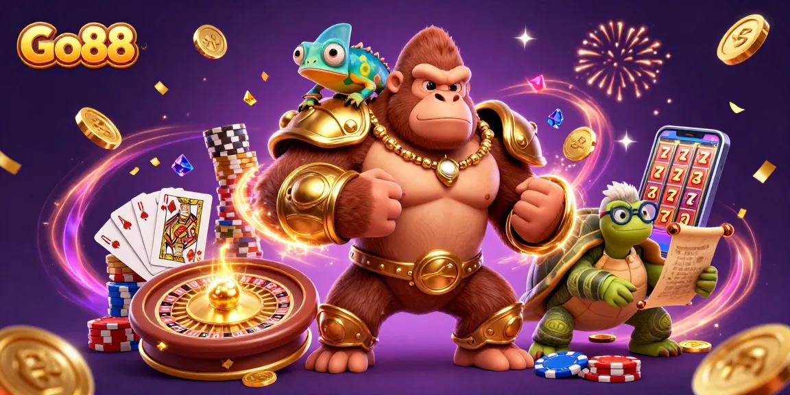Experience exciting gameplay at Go88 with a vibrant 3D gambling scene showcasing characters, slots, and winnings.
