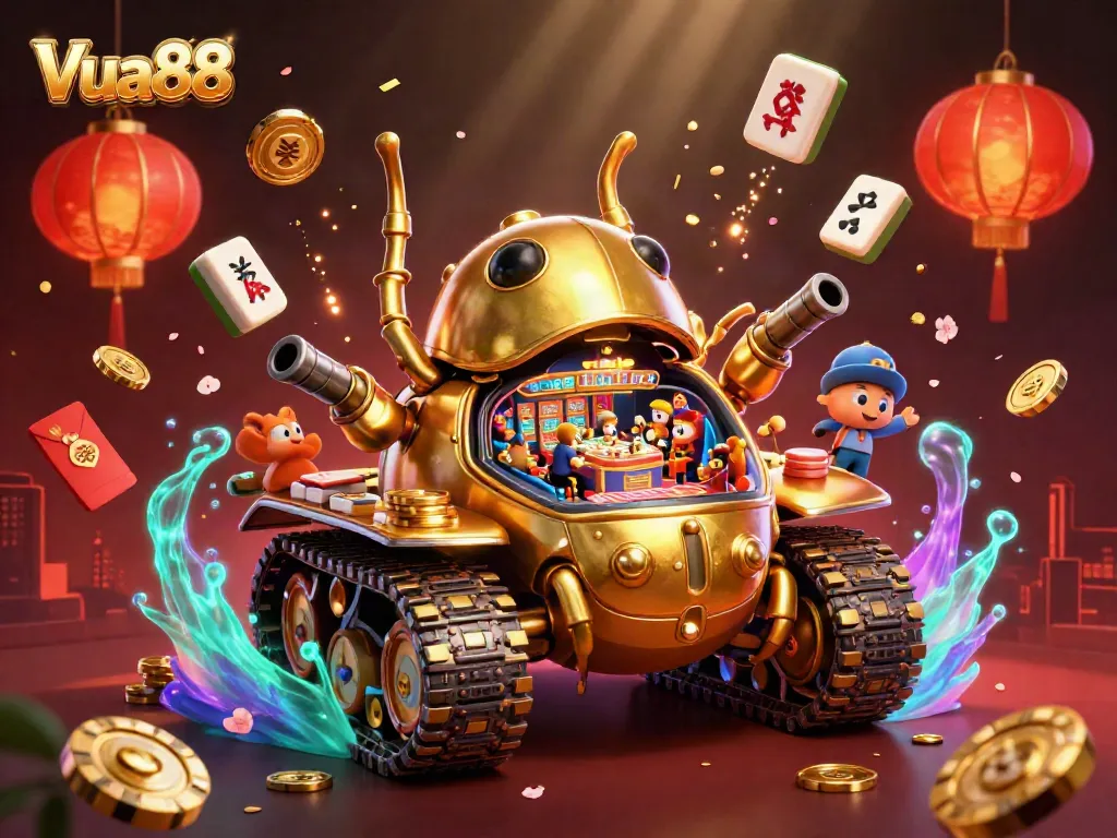 Engage with Vua88's dynamic 3D illustration featuring a golden beetle tank casino surrounded by vibrant gambling elements.