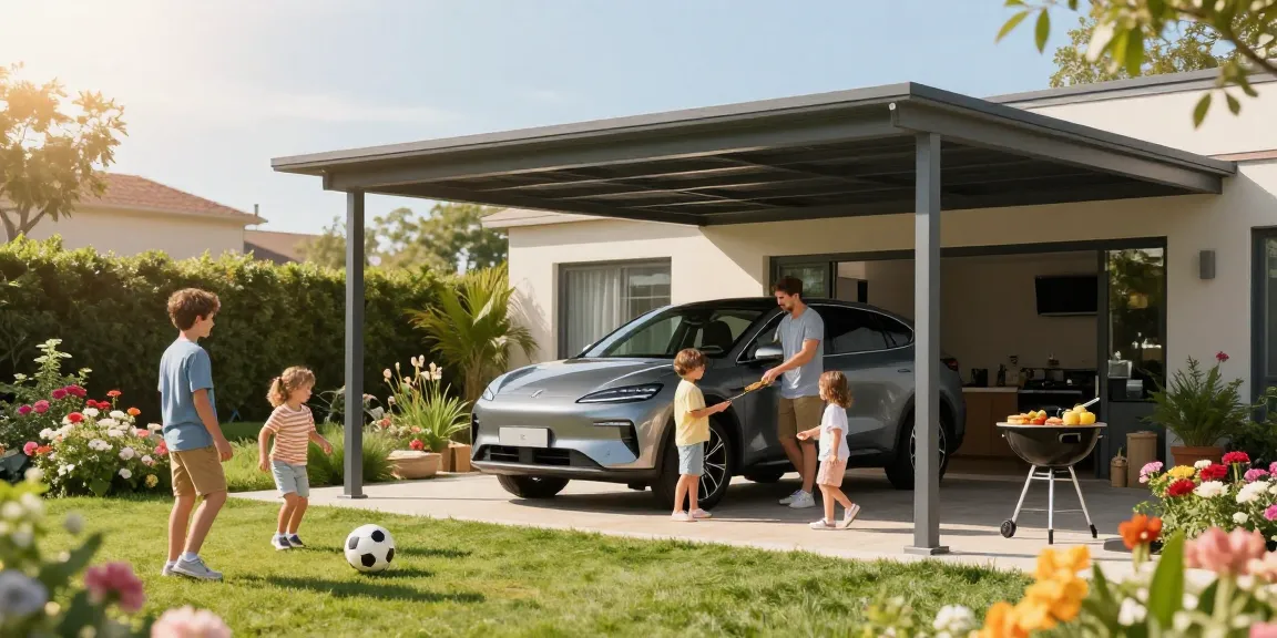 Moderne Carport-Umgebung mit Familie, Auto und Garten, die den zusätzlichen Wohnwert zeigt.