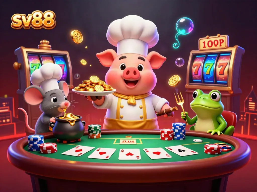 Experience the excitement of sv88 casino with a gourmet scene featuring unique characters and dynamic gaming elements.