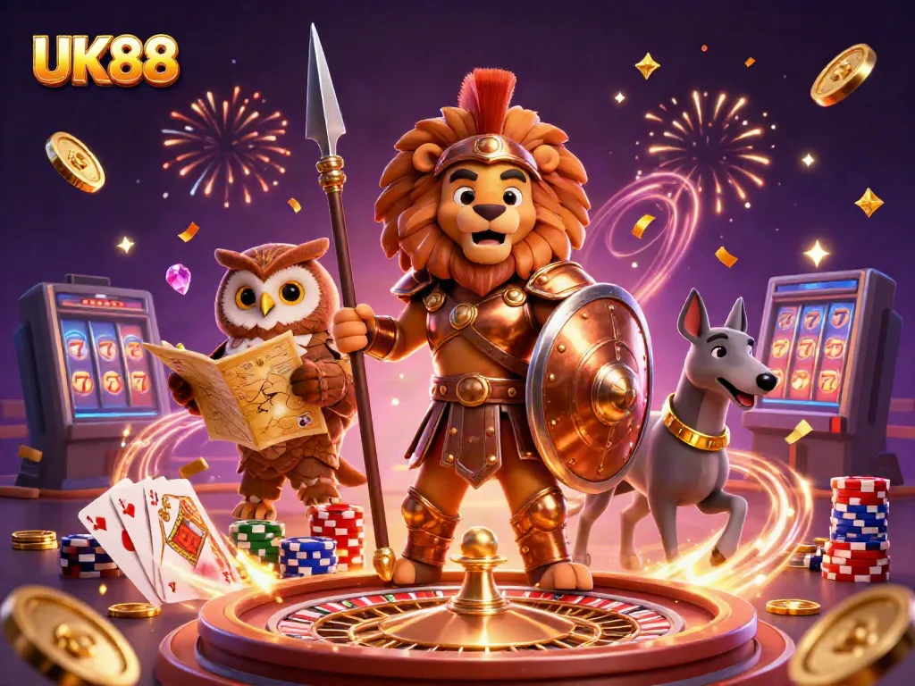 Experience thrilling gambling with UK88, featuring a Spartan lion, an owl strategist, and a greyhound messenger amidst 3D casino elements.