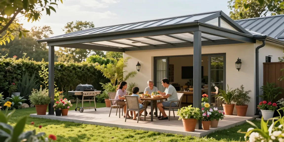 Freistehende Terrassenüberdachung in einem schönen Garten, Familie genießt das Essen im Freien.