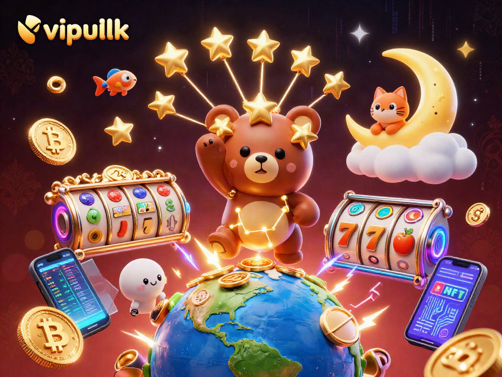 Engage with vipluck's thrilling slots, jackpot counters, and vibrant casino elements in a dynamic 3D scene.