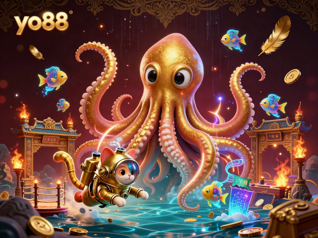 Engage with yo88's thrilling adventure featuring a colossal kraken and diving cat amidst vibrant casino elements.
