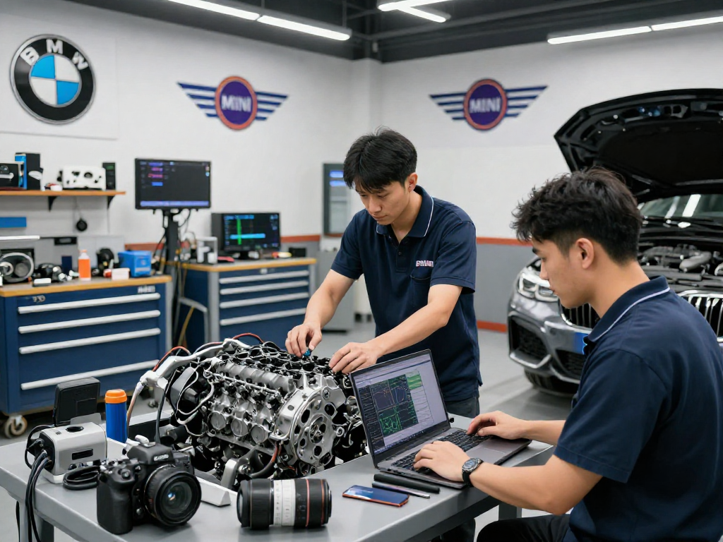 Professionelle BMW Werkstatt Hannover mit Technikern, die Motoren reparieren und Tuning-Dateien erstellen.
