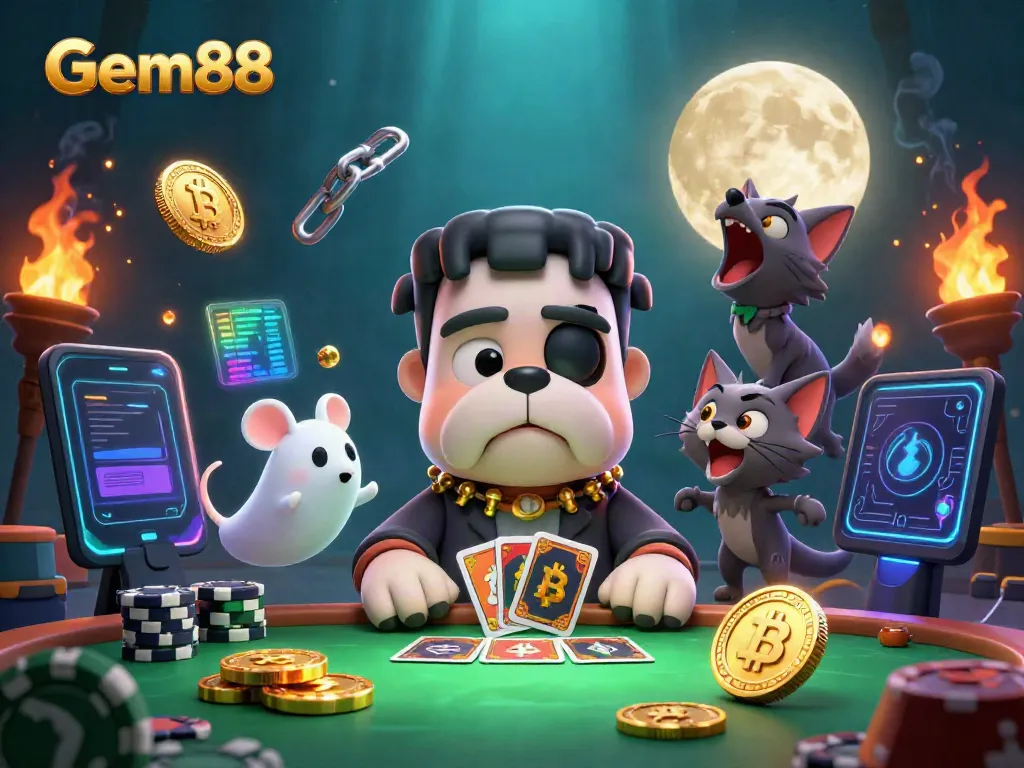 Experience thrilling moments at Gem88, featuring a clever bulldog dealer amidst coins and magical creatures.