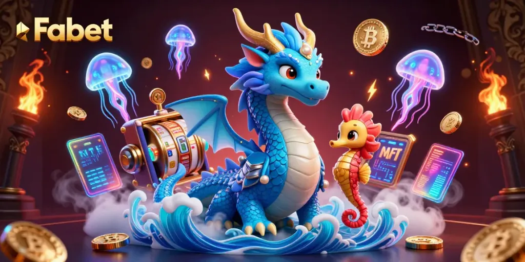 Join Fabet’s vibrant gaming universe with an azure water dragon and glowing jellyfish amidst dynamic slot reels.