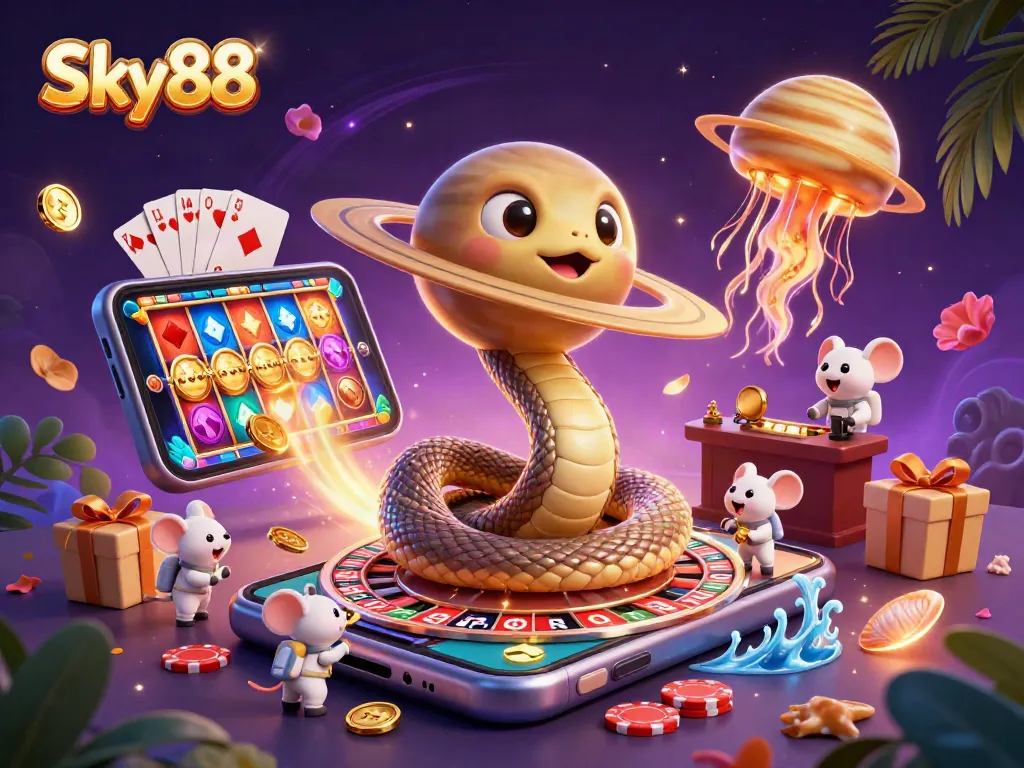 Sky88 gamblers enjoying vibrant slot games and cosmic roulette in a dynamic casino scene.