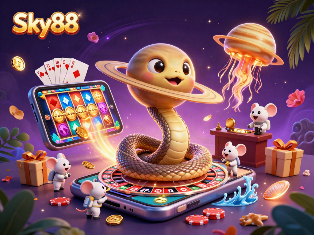 Sky88 gamblers enjoying vibrant slot games and cosmic roulette in a dynamic casino scene.