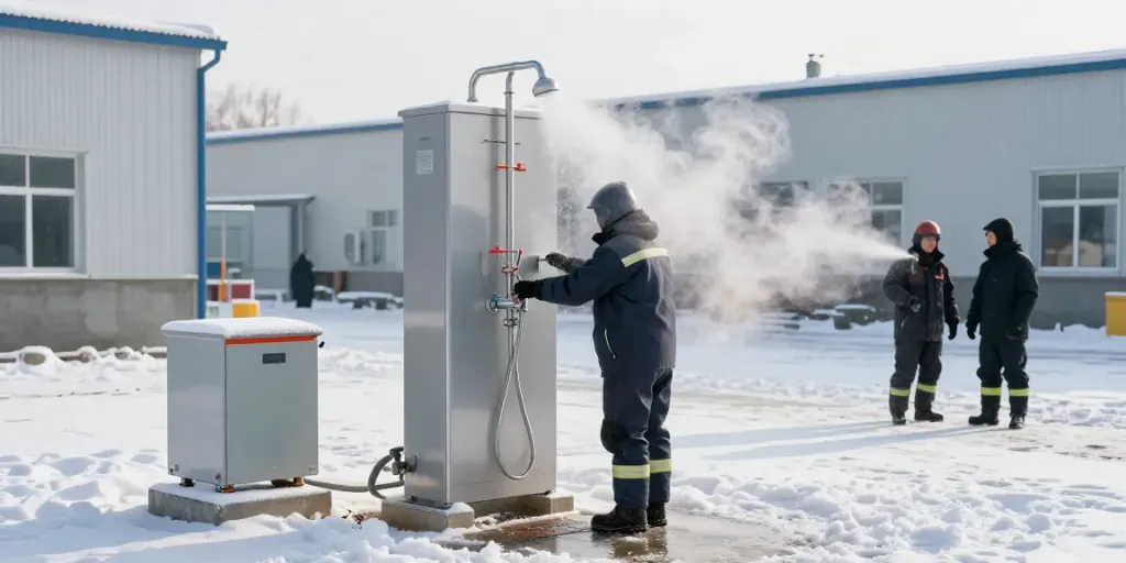 heizte Notdusche für Außenbereiche showcased in an industrial yard, emphasizing safety and functionality in cold weather.