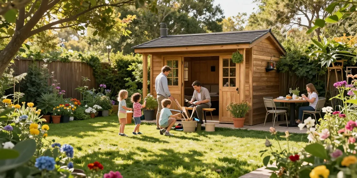 Gartenhaus kaufen: Stilvolles Holz-Gartenhaus in blühender Umgebung mit Familie und spielenden Kindern.