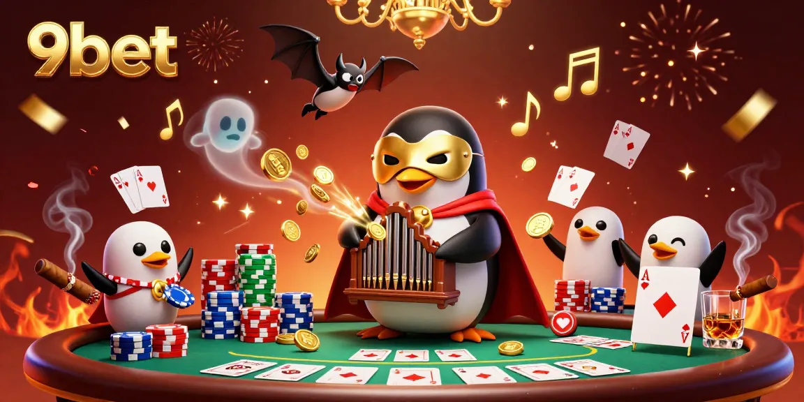 Experience the thrill of 9bet with a ghostly penguin organist shooting coins amidst a dynamic casino scene.