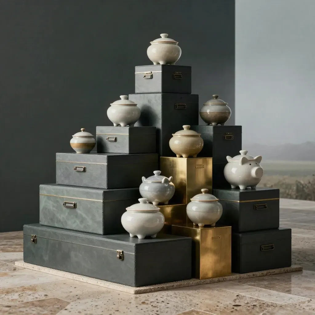 Monumentales Finanz-Tableau aus Archivboxen, Stein und Keramik im Morgennebel