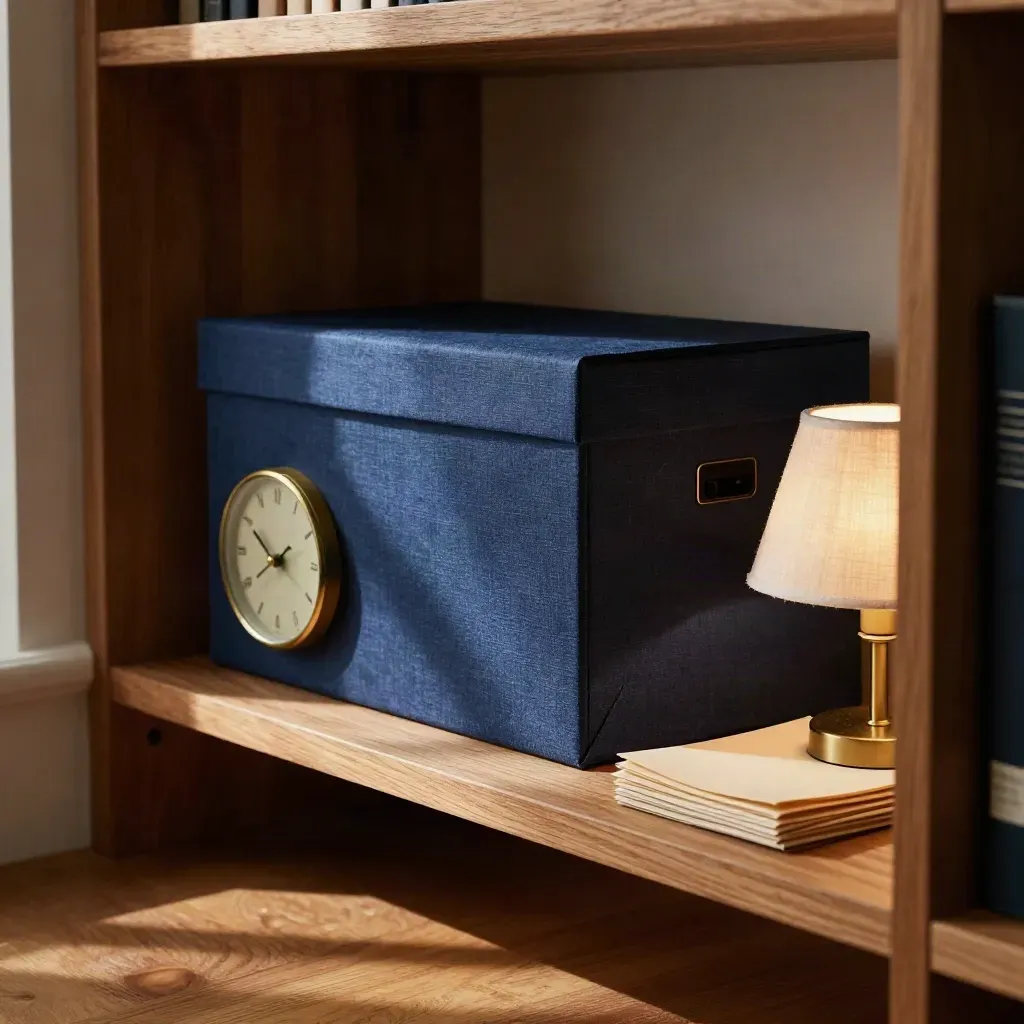 Stilles Home-Studio-Regal mit Archivkasten, Uhr und Leselampe im warmen Abendlicht.