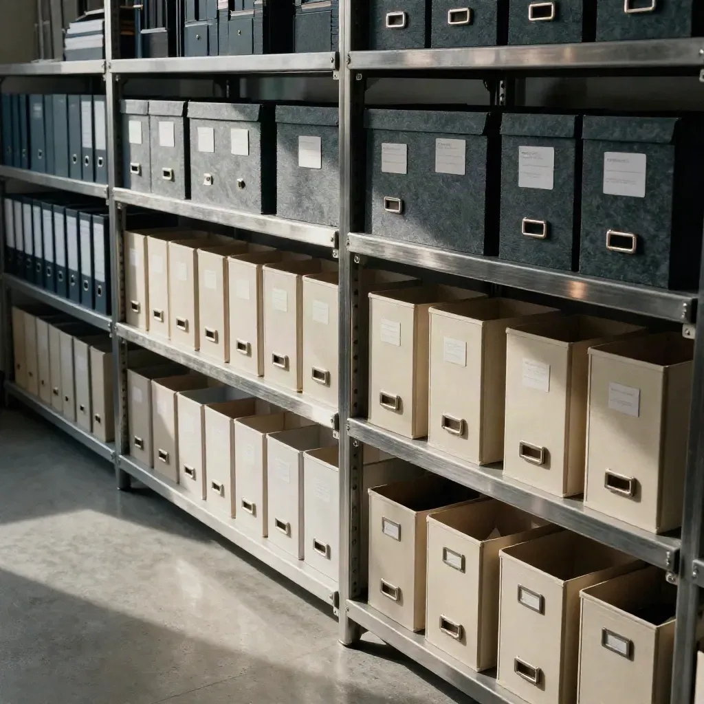 Geordnete Archivboxen, Metalltrenner und Ordner in einem stillen Finanzbüro.
