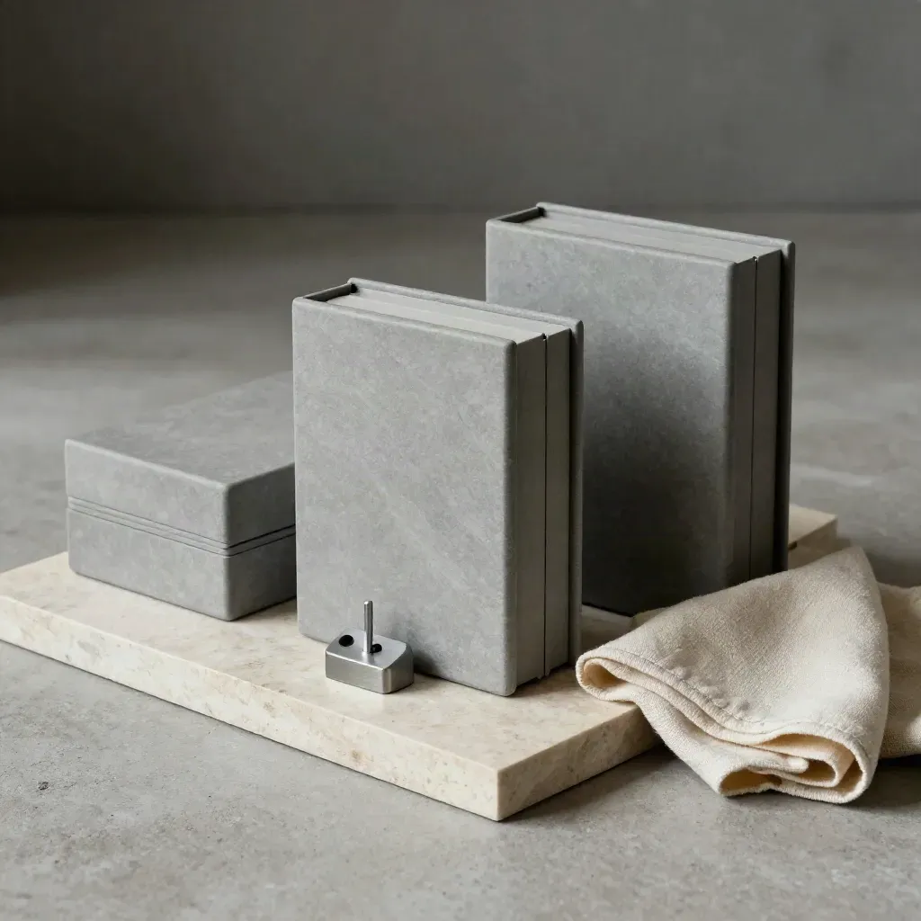 Drei graue Planungsboxen auf einem Steintray mit Stoff und Kalksteinmarker.