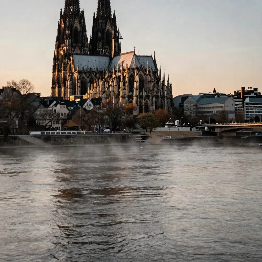 Kölner Dom über dem Rhein im goldenen Abendlicht mit ruhigem Ufer und Dunst