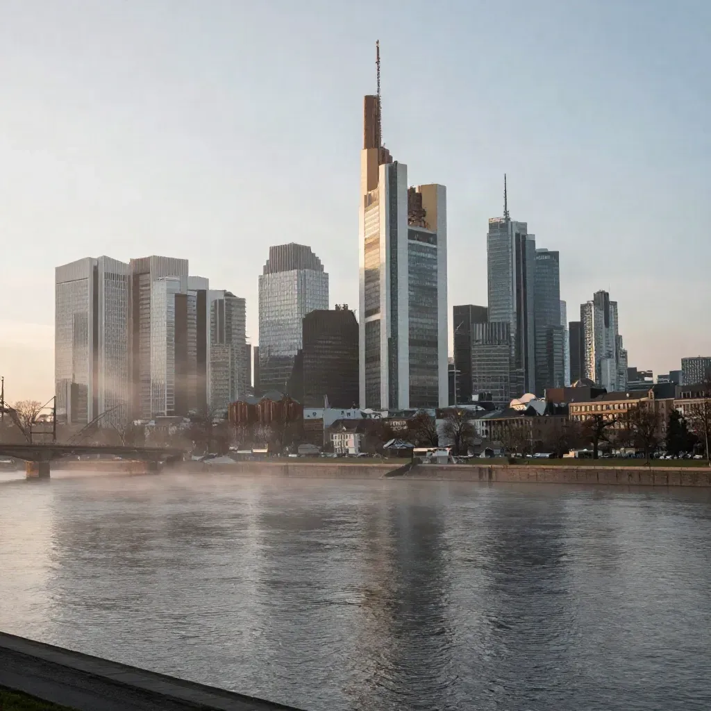 Frankfurter Skyline im Morgennebel über dem Main, viel ruhige Wasserfläche darunter