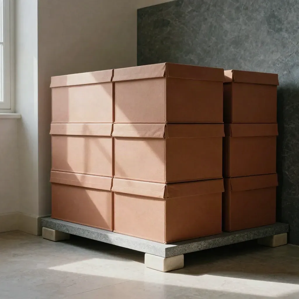 Niedrige Innenansicht mit Archivboxen, Trennleisten und Keramikblock auf hellem Regalsockel.