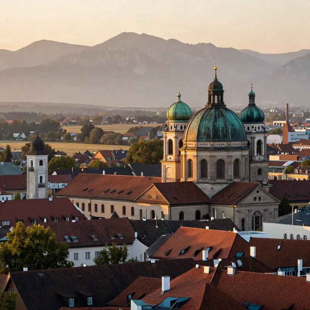 Münchner Dächer mit Alpenblick im warmen Abendlicht, ruhig und weit