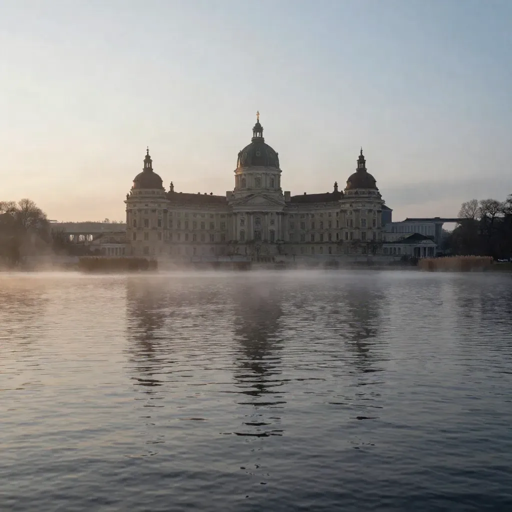 Berliner und Potsdamer Silhouetten an ruhigem Wasser im Abendnebel