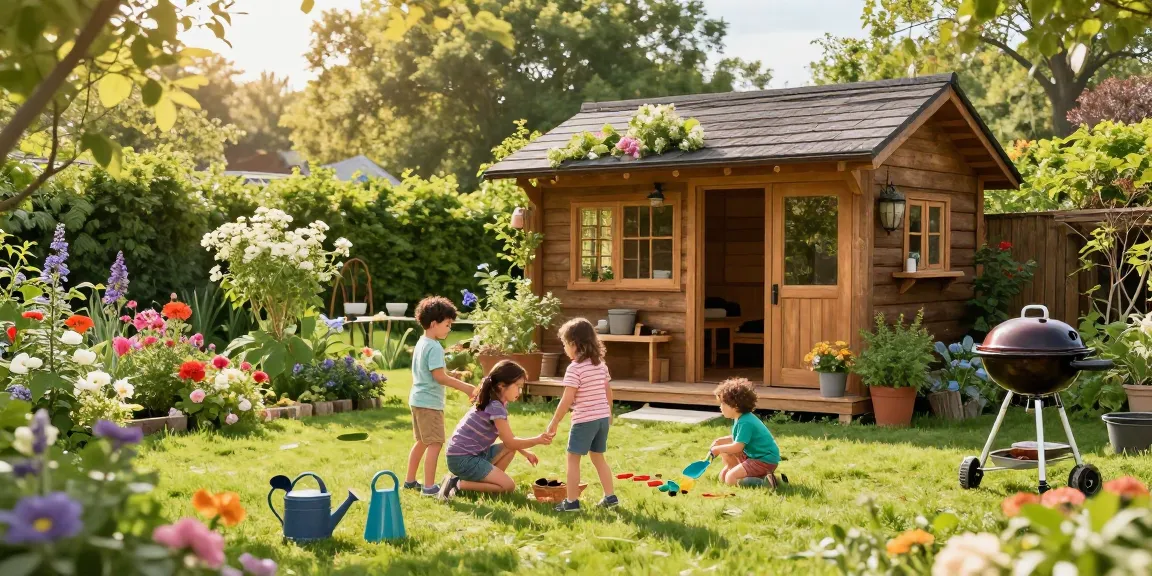 Gemütliches Gartenhaus Holz im blühenden Garten, perfekte Umgebung für Familienaktivitäten.