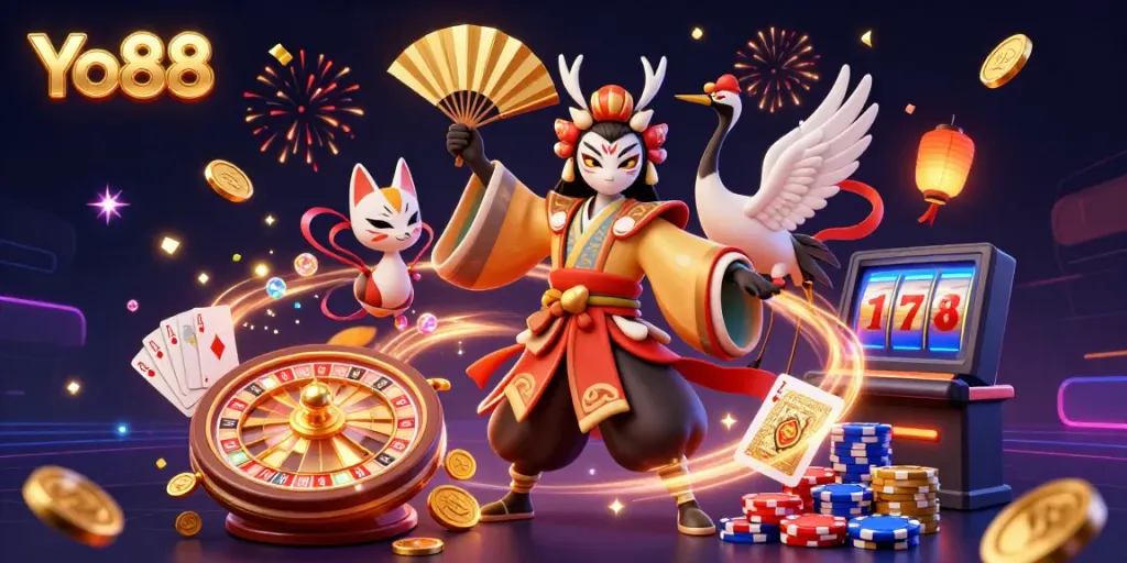 Experience the thrill of Yo88 with 3D characters and vibrant casino elements, showcasing gaming excitement.