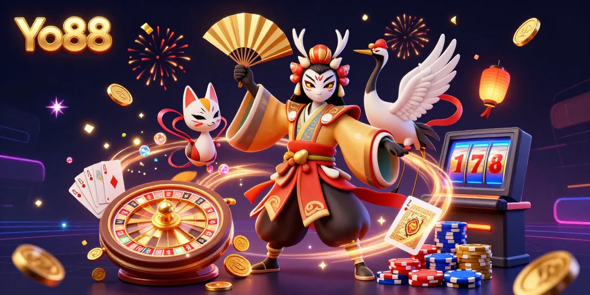 Experience the thrill of Yo88 with 3D characters and vibrant casino elements, showcasing gaming excitement.