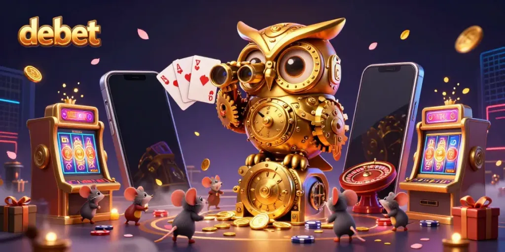 Experience winning moments with debet under the watchful gaze of a golden owl amidst lively casino elements.