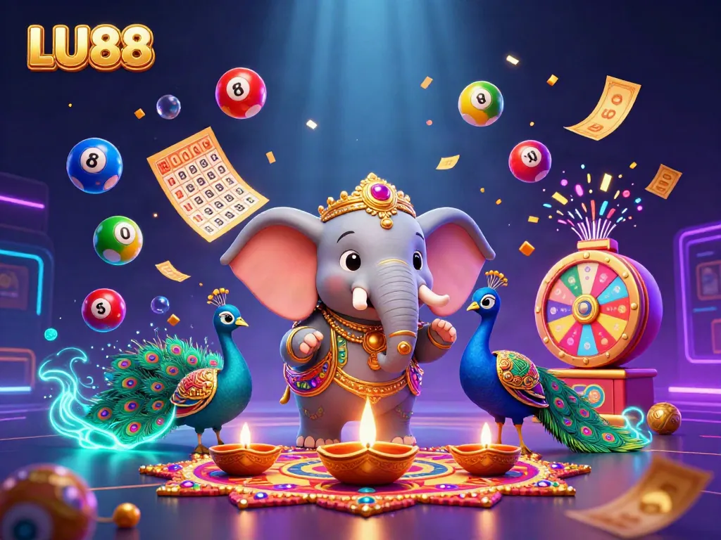 LU88 offers vibrant gaming excitement with colorful lottery balls and dynamic elements in a festive atmosphere.