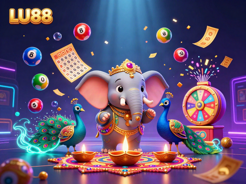 LU88 offers vibrant gaming excitement with colorful lottery balls and dynamic elements in a festive atmosphere.