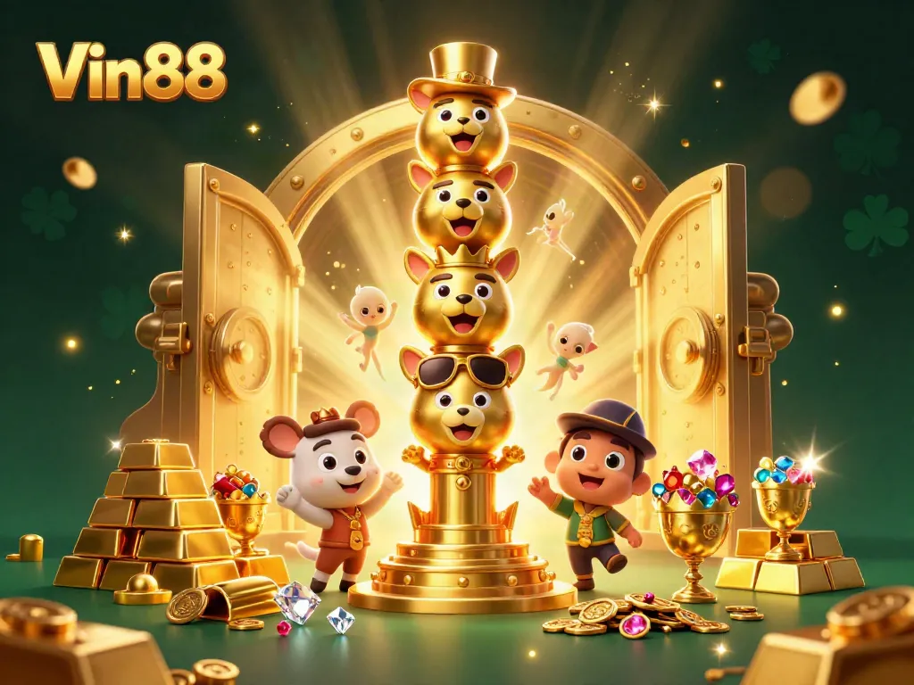 Experience Vin88’s vibrant gambling scene with colorful totem poles and treasure.