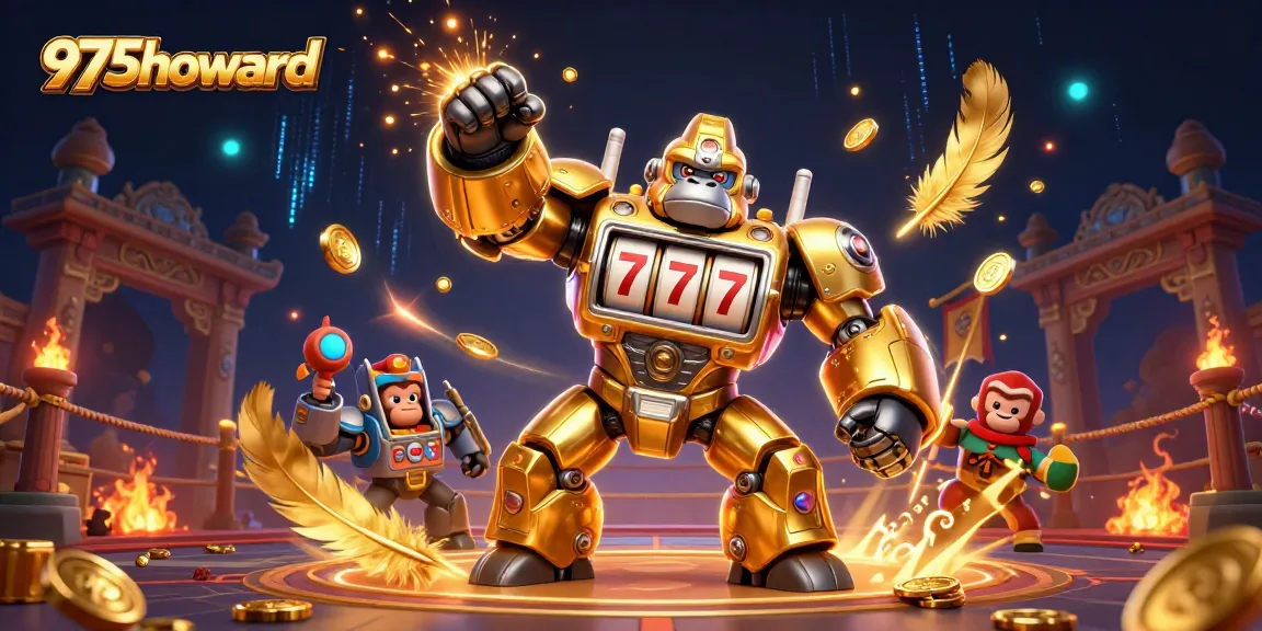 Engage in thrilling adventures with 975howard as a golden gorilla mech punches through a lively casino scene.