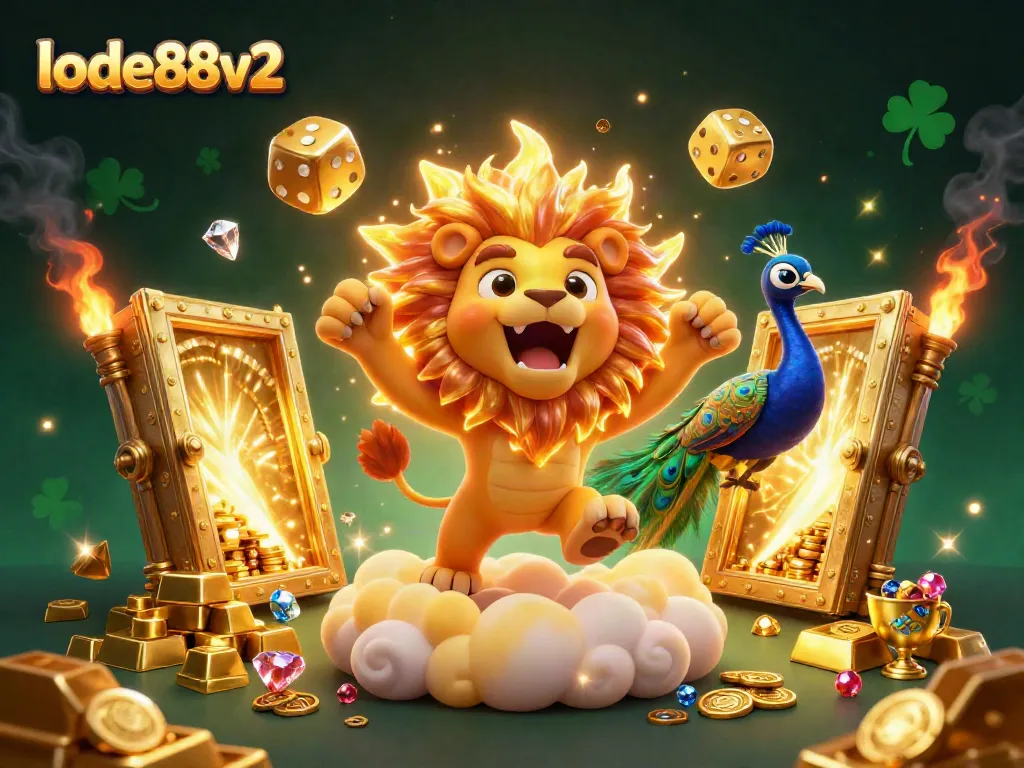 Experience thrilling wins with lode88v2, showcasing vibrant treasures and casino games in a dynamic, colorful scene.