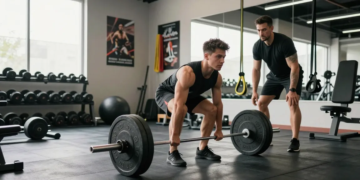 Deus Medical Steroide in einem modernen Fitnessstudio, sportlicher Mann beim Training mit Gewichten.