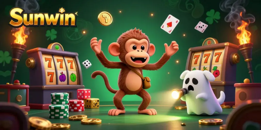 Engaging scene of the playful Sunwin poltergeist monkey juggling golden game elements in a vibrant haunted casino.