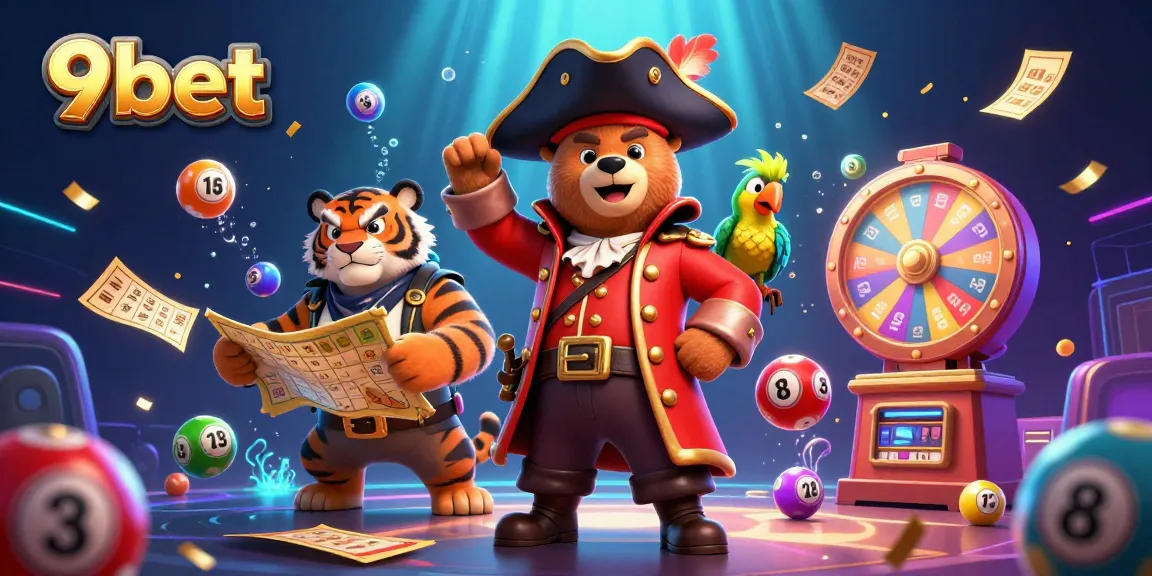 9bet presents a vibrant online gaming scene with a dynamic pirate bear, tiger, and parrot amidst thrilling game elements.
