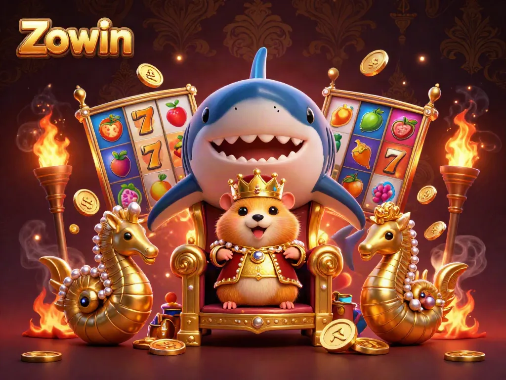Zowin's golden hamster king rules a colorful casino realm with thrilling slot reels and vibrant jackpot treasures.