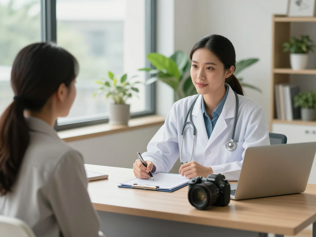 Gesundheitswesen Arzt: Vertrauliche Beratung in einer Praxis mit Patienten und medizinischen Unterlagen.