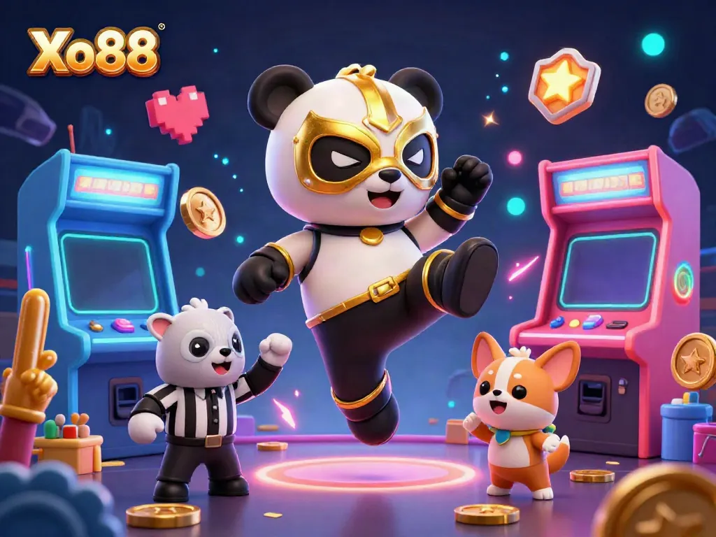 Xo88 invites excitement as a panda wrestler kicks while a chihuahua referee signals victory amidst a vibrant casino atmosphere.