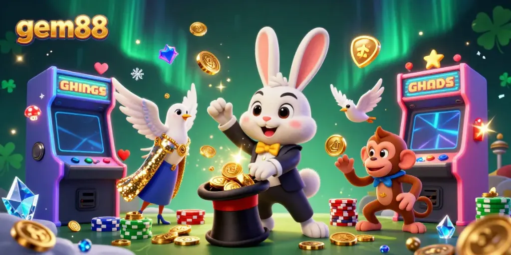 Experience the excitement of gem88 with a whimsical scene of a magician rabbit, dove, and monkey amidst vibrant casino games.