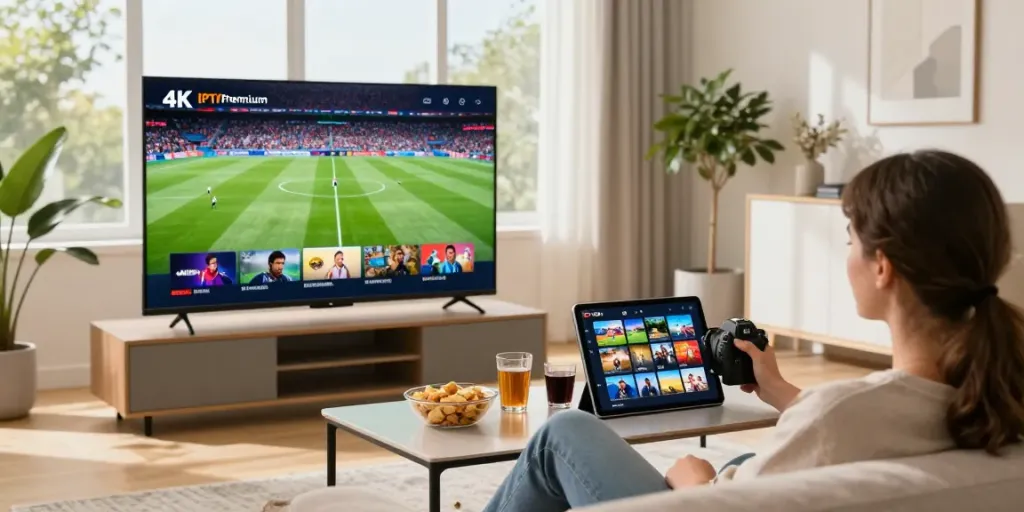 IPTV Premium viewing setup with a cozy living room and a large TV streaming live football in 4K quality.