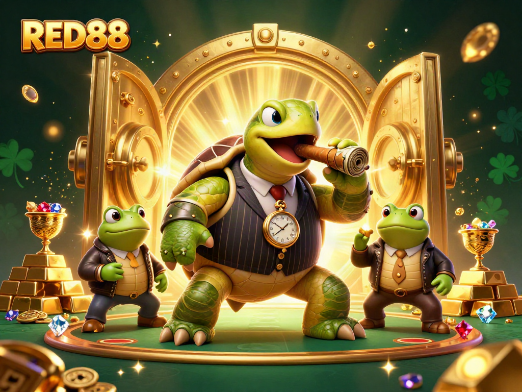 Experience the thrilling charm of RED88 with a dynamic casino scene featuring a snapping turtle and frog enforcers.