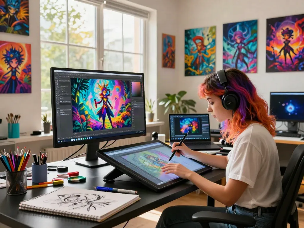 Artist creating stunning 18+ AI artwork in vibrant studio.