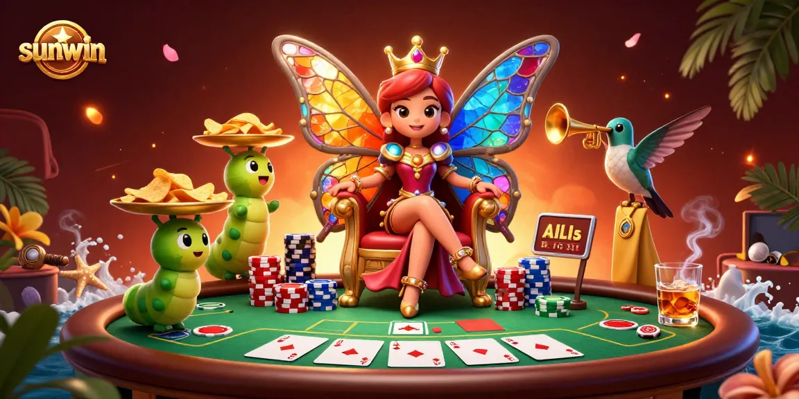 Engage with sunwin's vibrant atmosphere in a dynamic casino scene featuring a butterfly queen.
